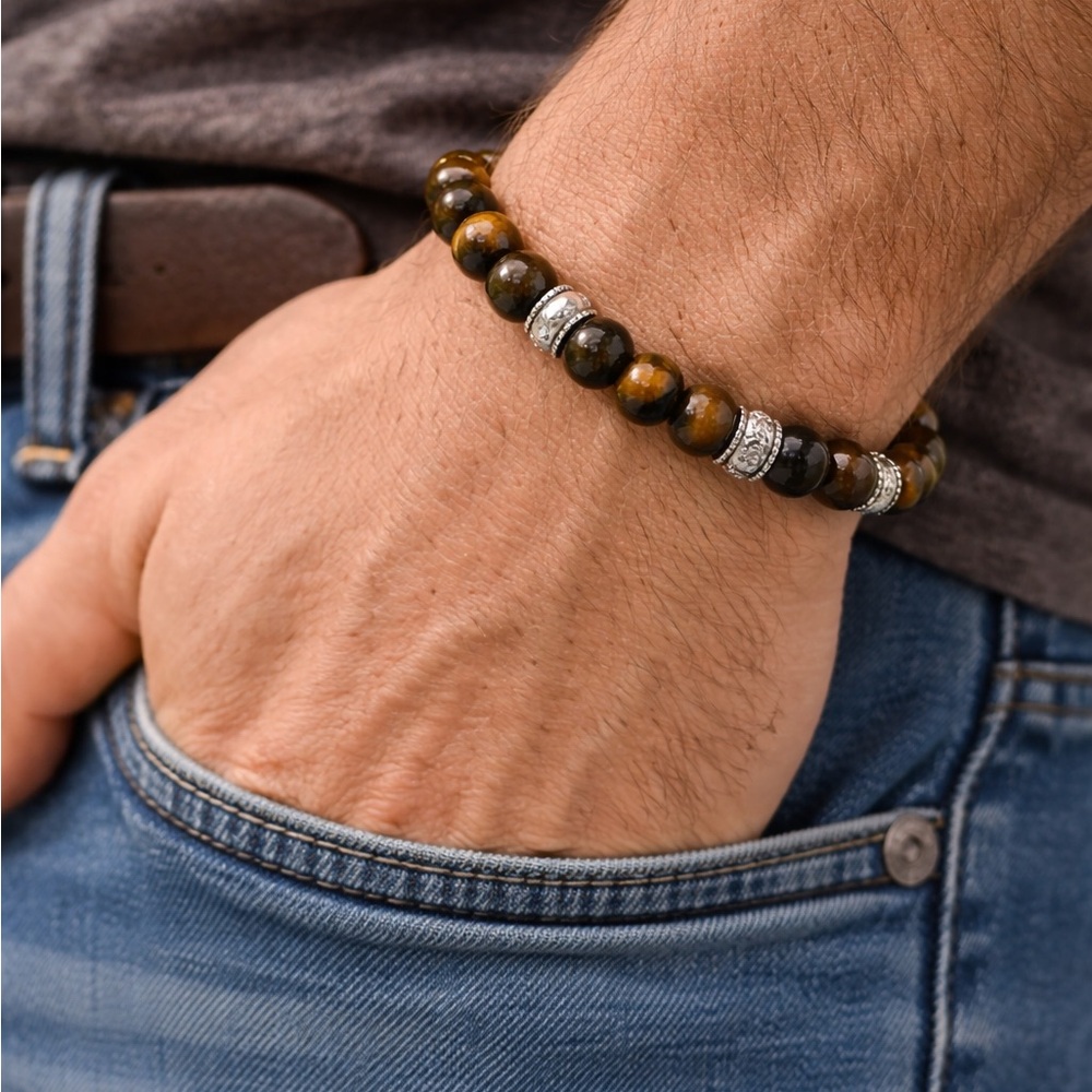 Hand Crafted Stretch Tiger Eye and Sterling Silver Bracelet Unisex